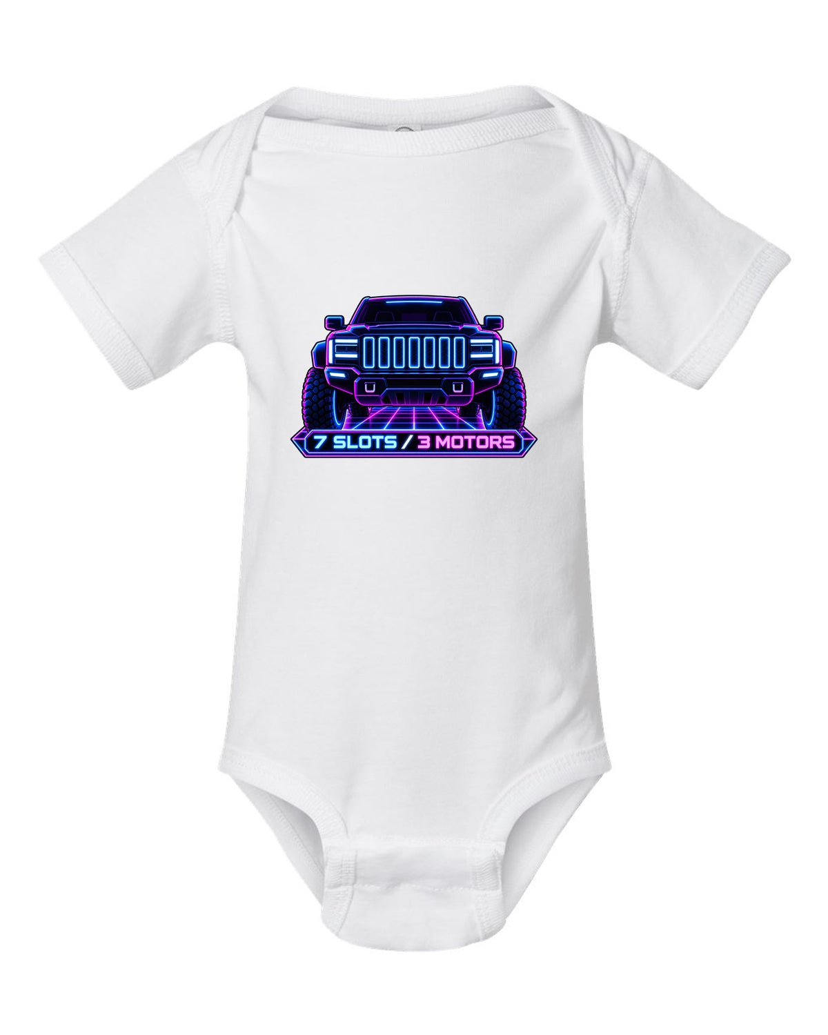 GMC Hummer EV neon vector grille panel print with seven slots and three motors white baby onesie front view with the design