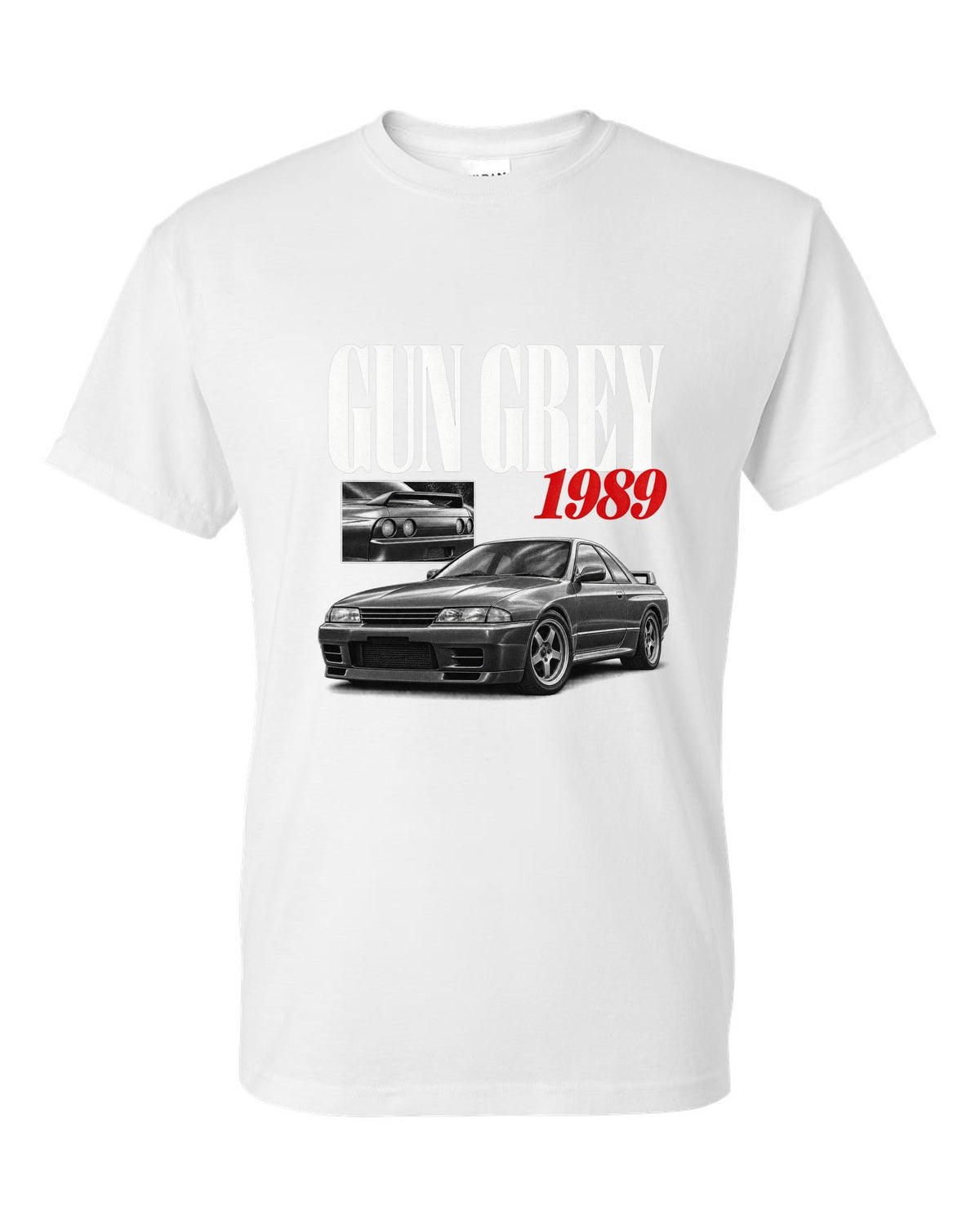 Editorial headline print of a Nissan Skyline GT-R R32 BNR32 in Gun Grey with 1989 text white t-shirt front view with the design