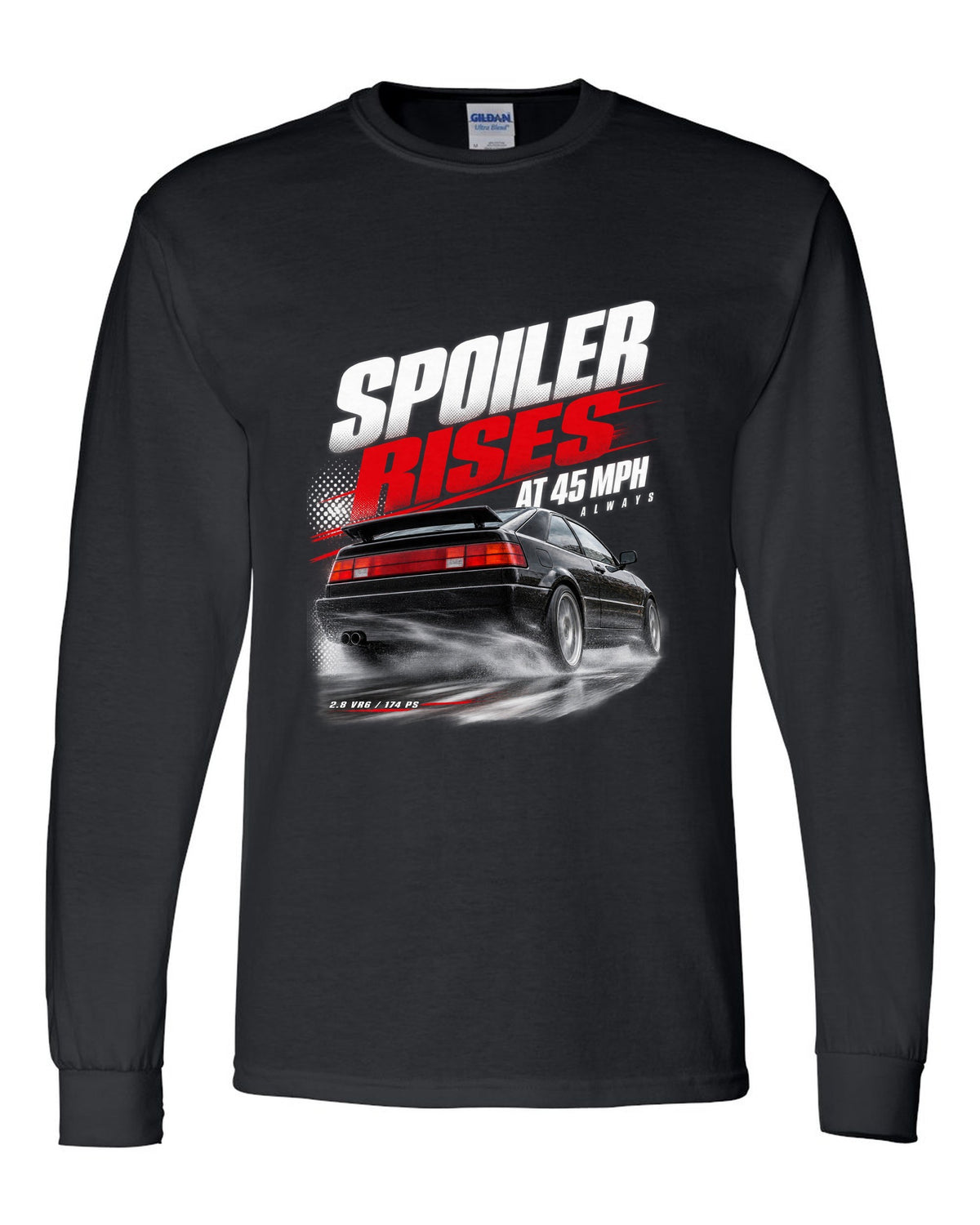 Race poster print of a VW Corrado VR6 rear three-quarter with spoiler rises at 45 mph text black long sleeve front view with the design