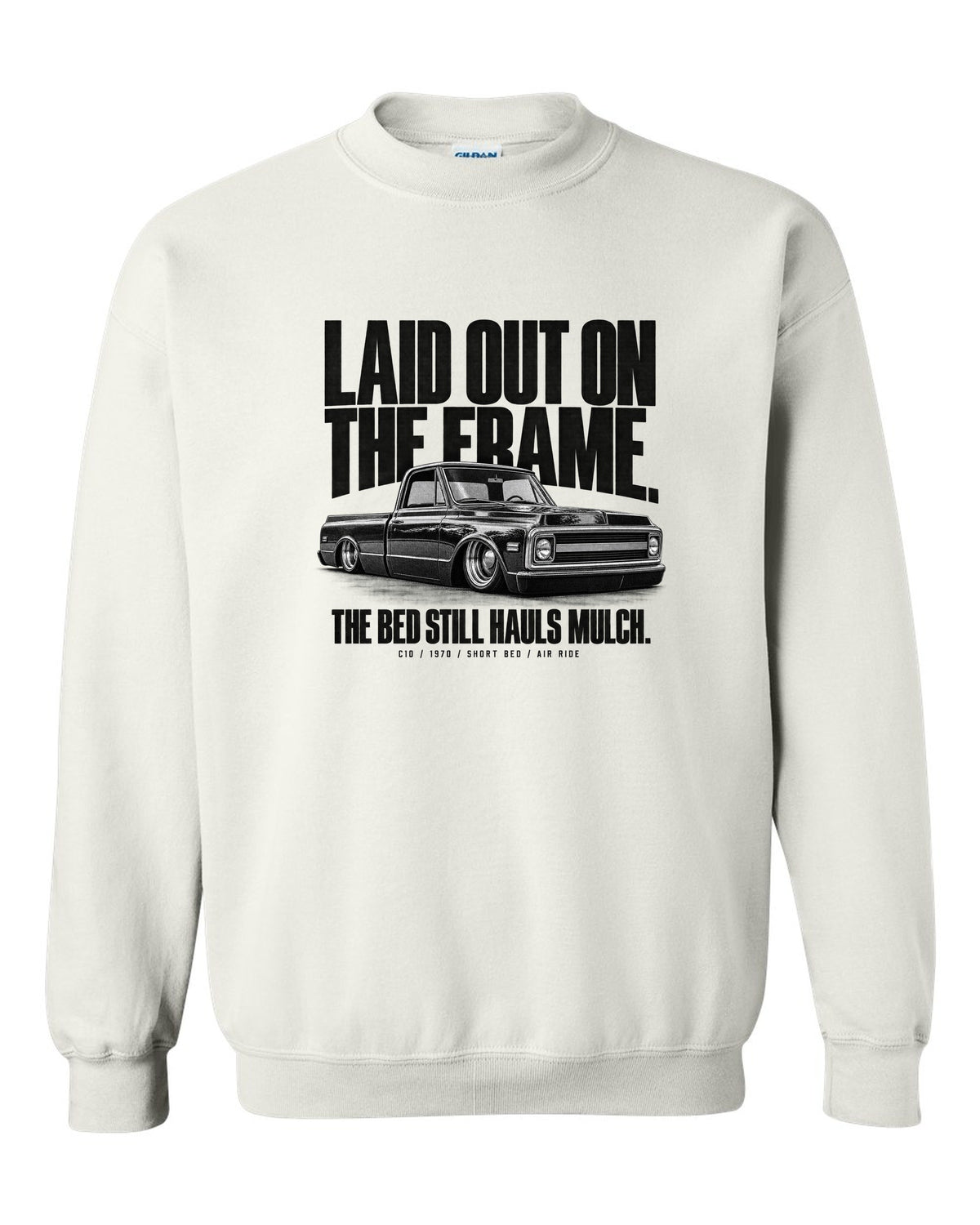 Halftone print of a 1970 Chevrolet C10 short bed on air ride with laid out on the frame text white crewneck front view with the design