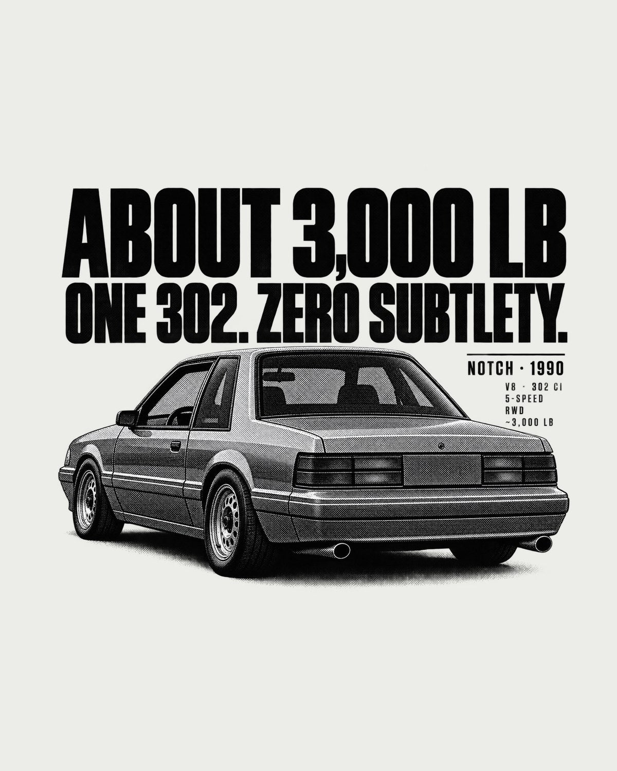 Ford Mustang Fox Body LX Notchback Halftone Shirt, 1990 design only