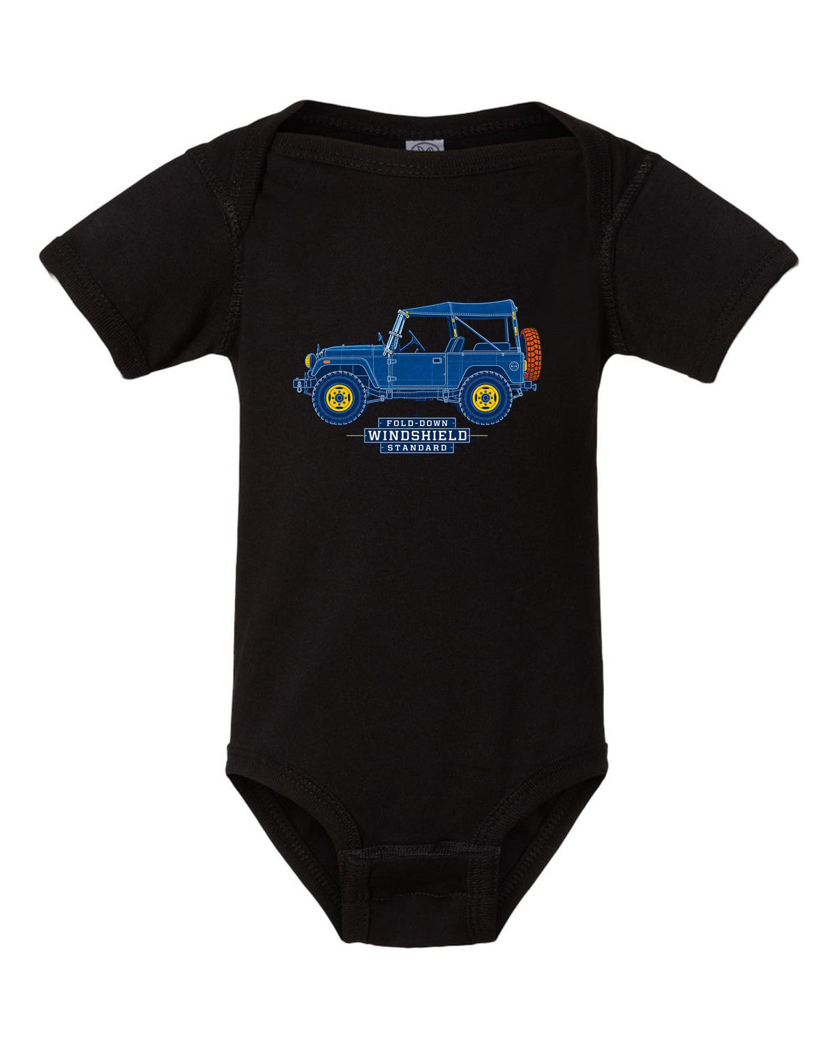 Cyanotype blueprint of a Toyota Land Cruiser FJ40 with fold-down windshield lettering black baby onesie front view with the design
