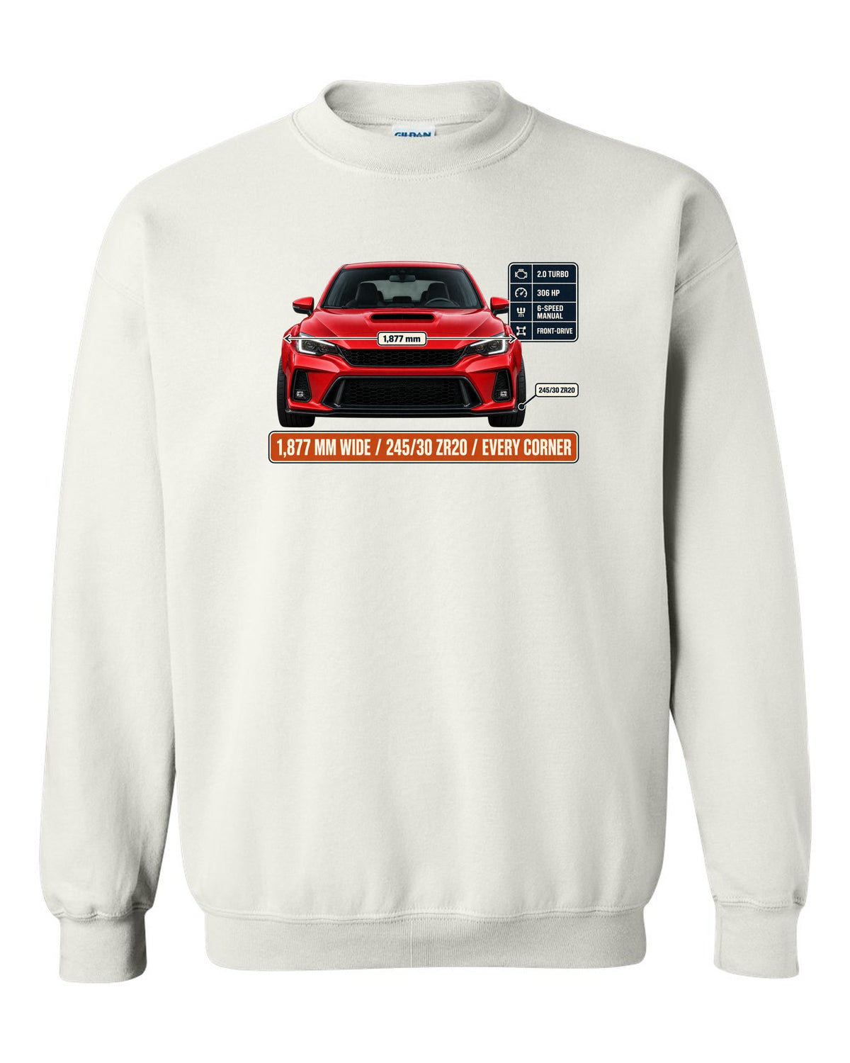 Front elevation of a Rallye Red Honda Civic Type R FK8 on a spec poster print white crewneck front view with the design