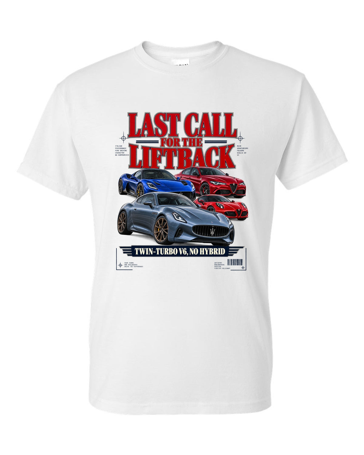 Kia Stinger GT final year editorial headline print white t-shirt front view with the design