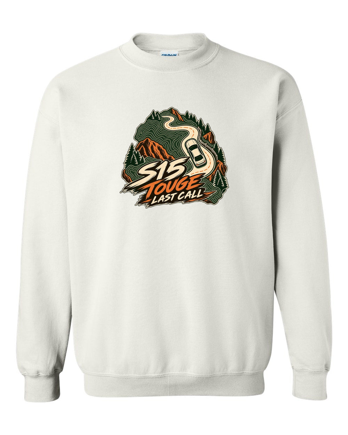 Topographic contour map line art of a mountain road with a Nissan Silvia S15 white crewneck front view with the design