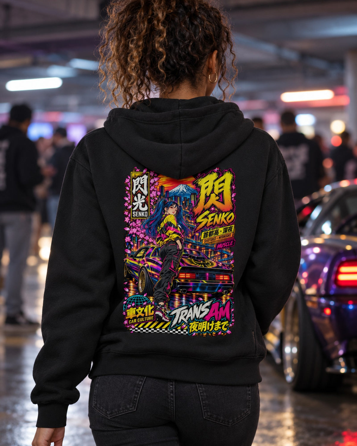 SENKO TRANS AM Anime Girl Full-Back Graphic Tee Zip Hoodie Black worn hero