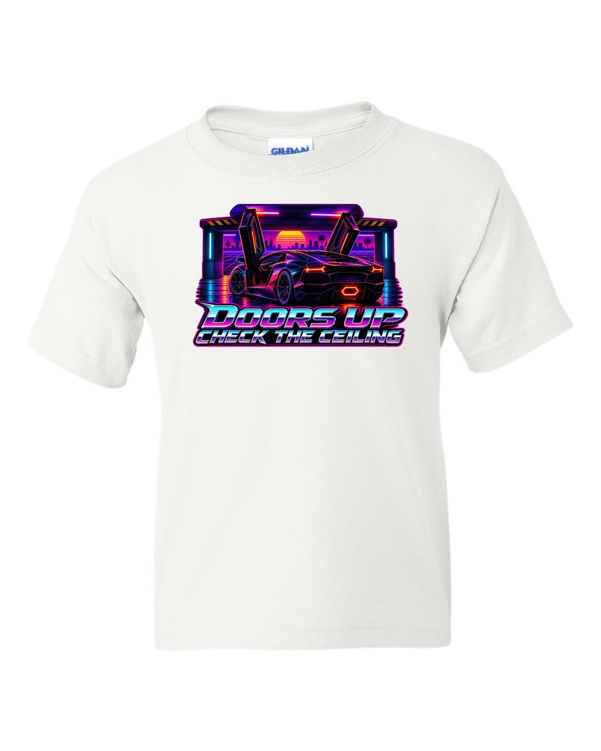 Synthwave outrun design of a Lamborghini Aventador LP700-4 with doors up and check the ceiling text white kids tee front view with the design