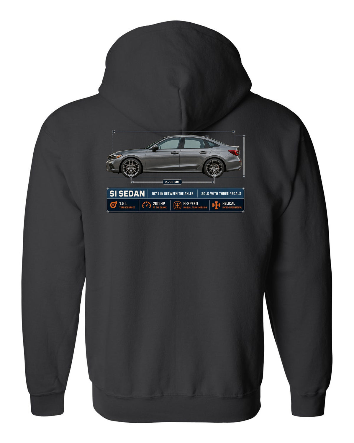 Civic Si FE1 Sedan Dimension Blueprint black zip hoodie back view with the design