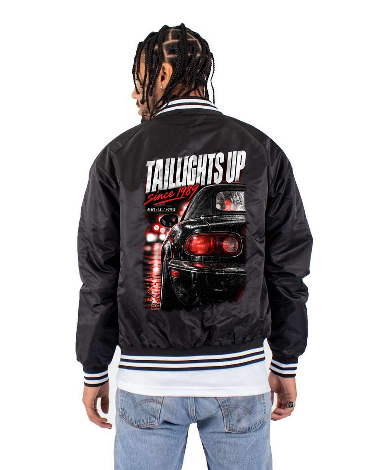 Mazda MX-5 NA Taillight Macro Shirt, NA6CE 5-Speed Bomber Jacket Black back