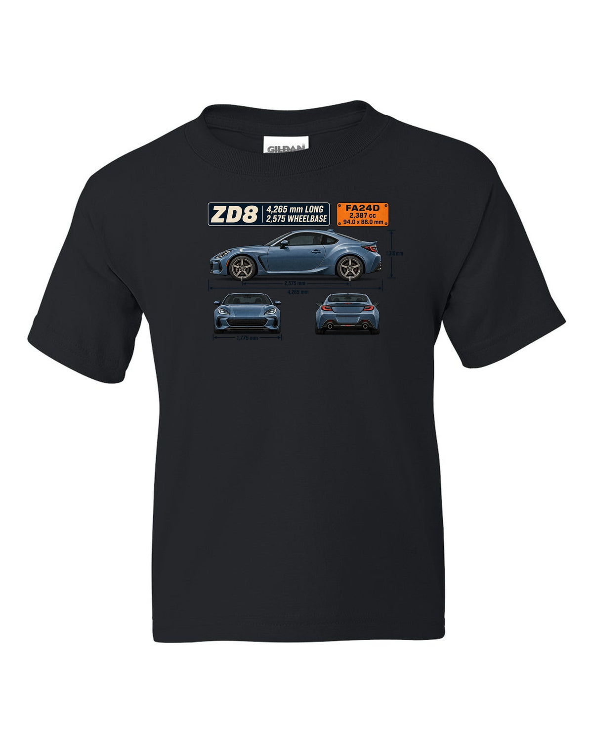 Blueprint-style dimension drawing of a Subaru BRZ ZD8 with length and wheelbase callouts black kids tee front view with the design