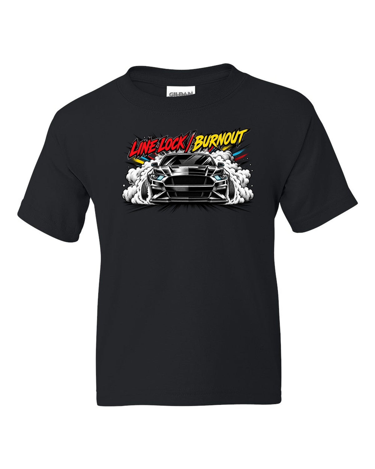 Varsity embroidery-style crest of an S550 Mustang fastback reading Yes, It's A Four black kids tee front view with the design