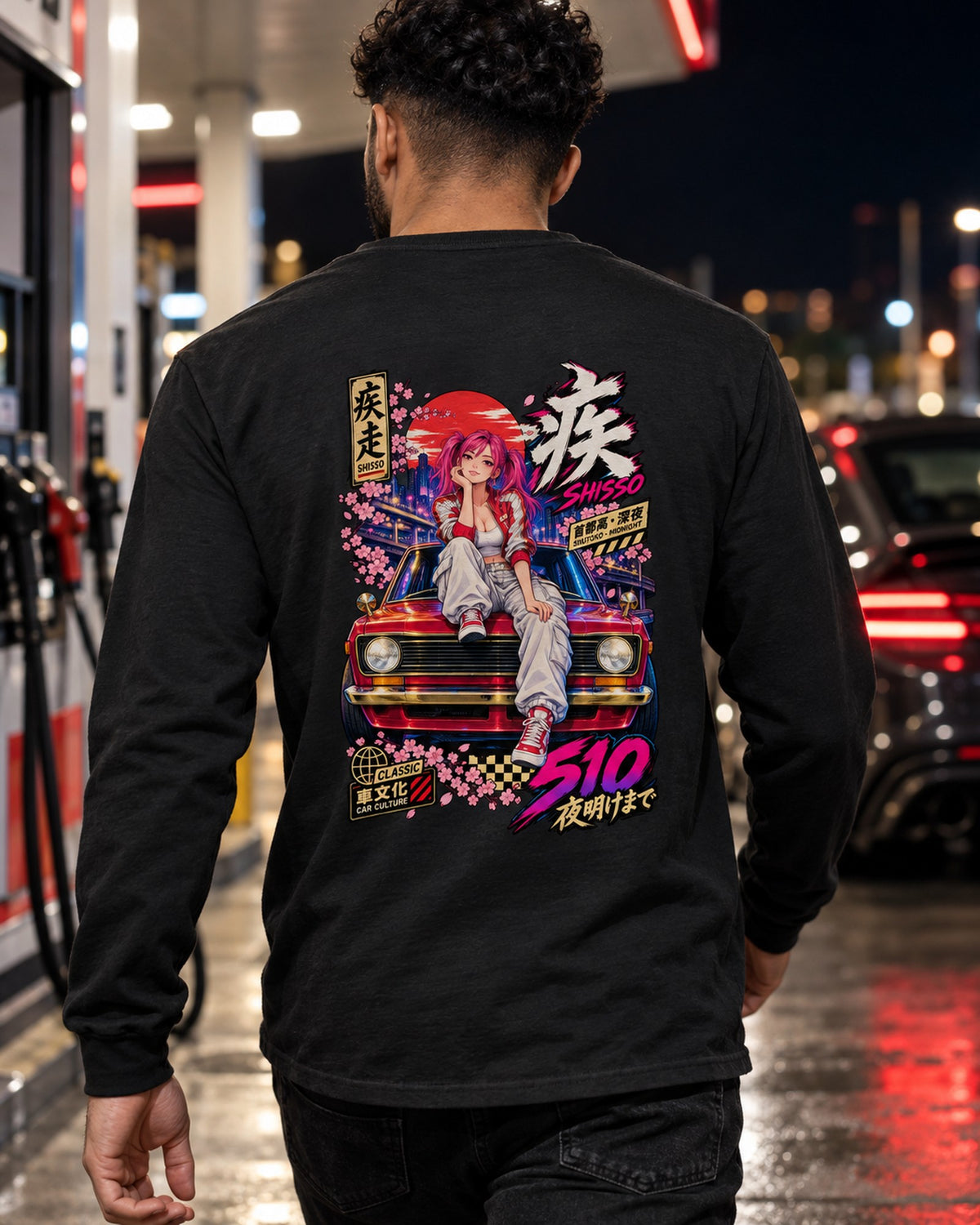 SHISSO 510 Anime Girl Full-Back Graphic Tee Long Sleeve Black worn hero