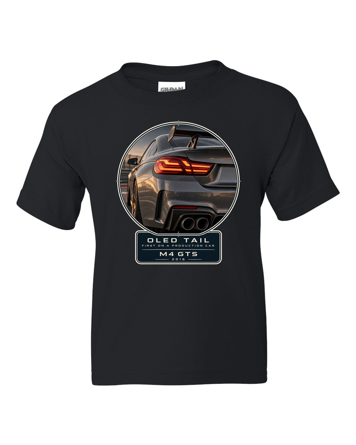 BMW M4 GTS OLED taillight macro print design black kids tee front view with the design