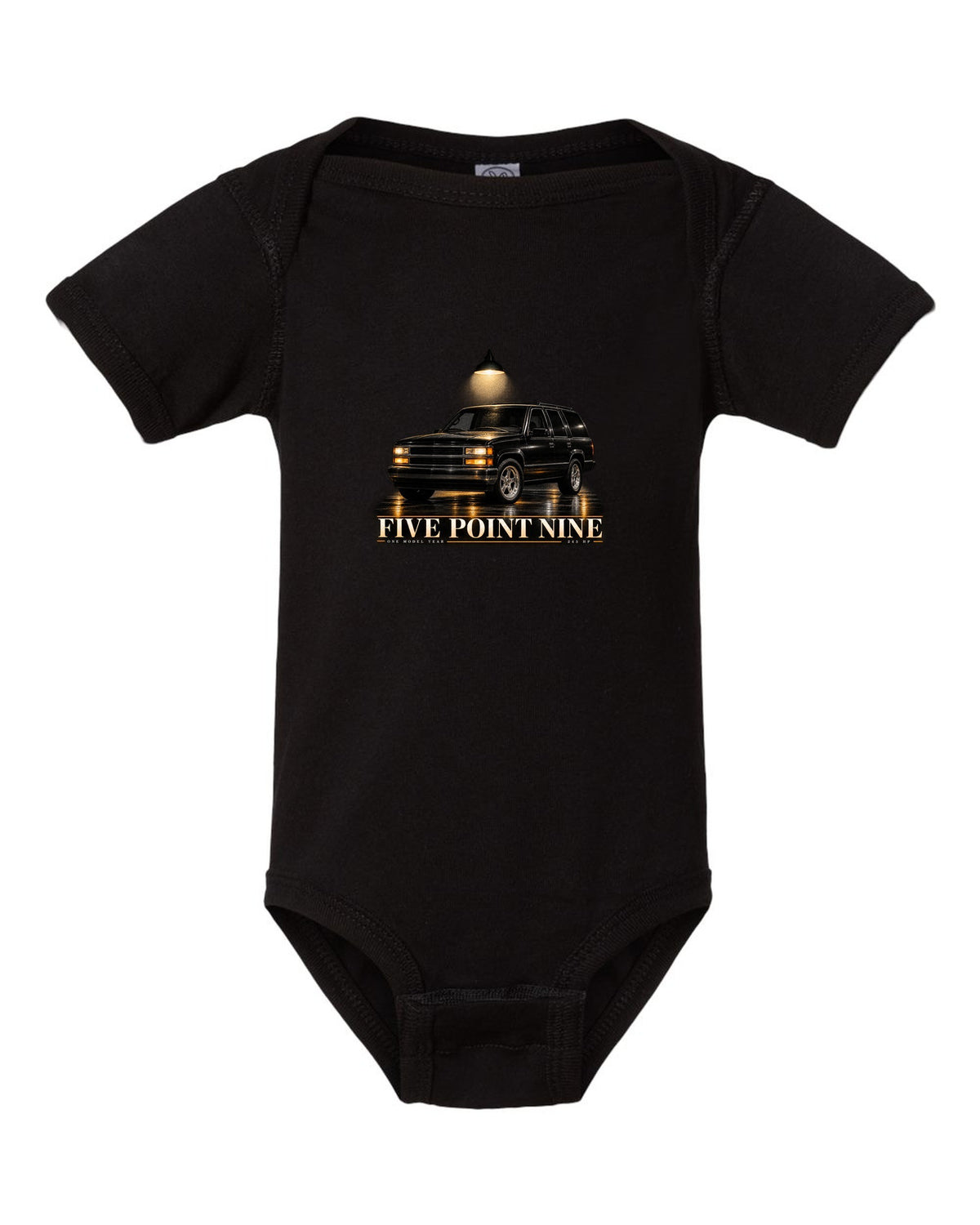 Garage night print for the 1998 Jeep Grand Cherokee ZJ 5.9 Limited black baby onesie front view with the design