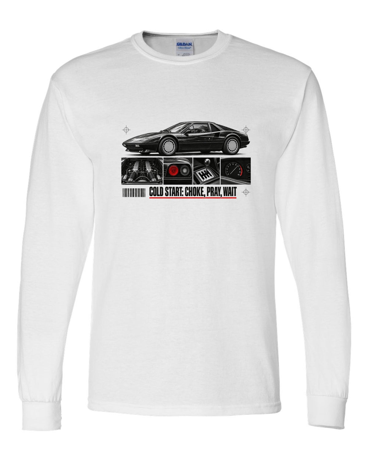 Dossier-panel print of a Ferrari 308 GTB/GTS with the line Cold Start: Choke, Pray, Wait white long sleeve front view with the design