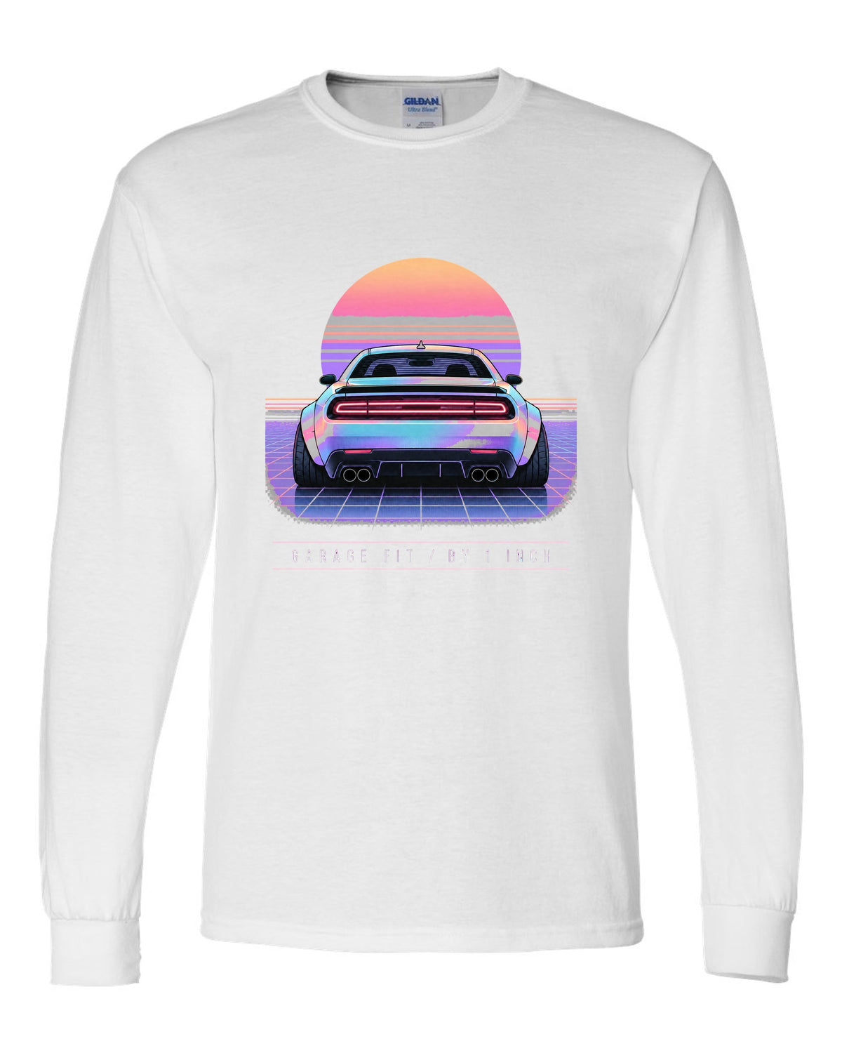 Vaporwave pastel print of a 2021 Dodge Challenger Scat Pack Widebody with garage fit text white long sleeve front view with the design