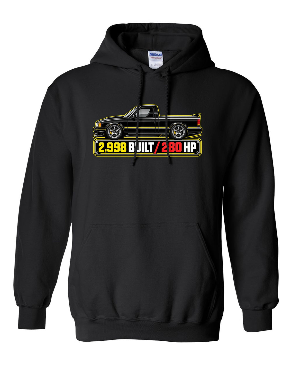 Spec-sheet data plate print of a 1991 GMC Syclone with 2,998 built and 280 HP lettering black pull over hoodie front view with the design