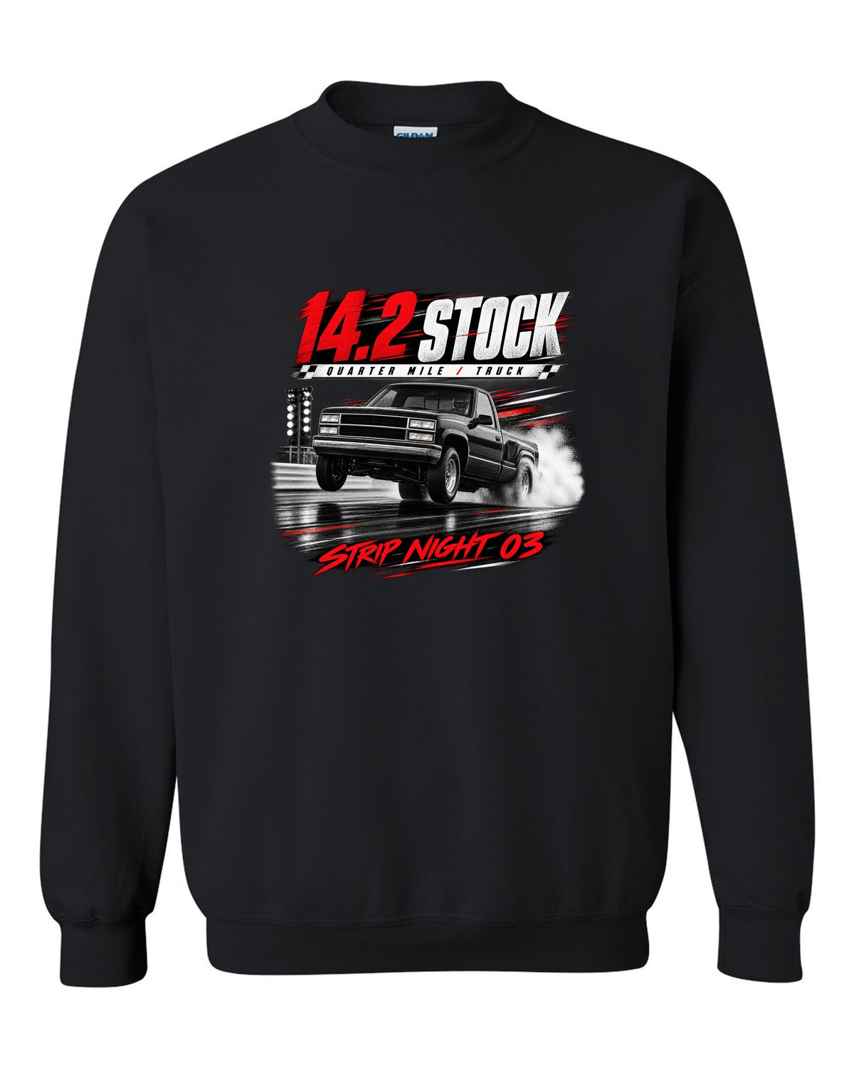 Race poster print of a 1993-95 Ford F-150 SVT Lightning with 14.2 quarter mile text black crewneck front view with the design