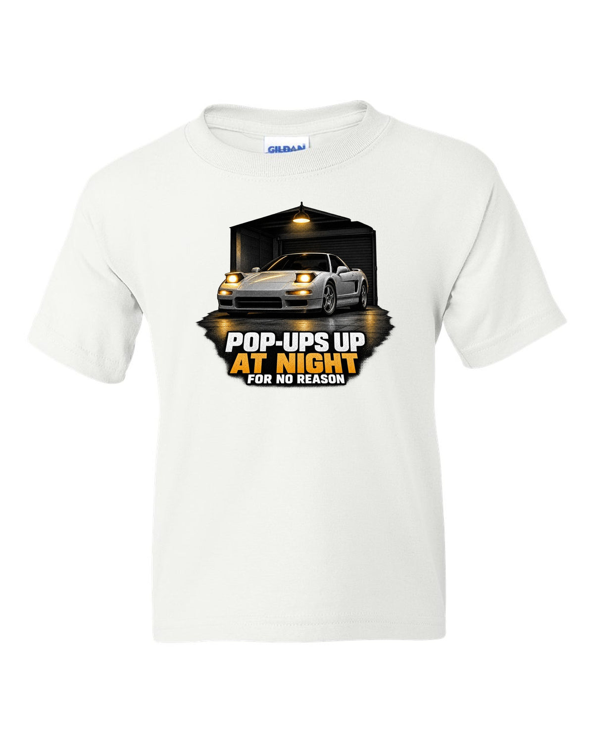 Honda NSX NA1 garage night design with pop-ups up at night for no reason text white kids tee front view with the design