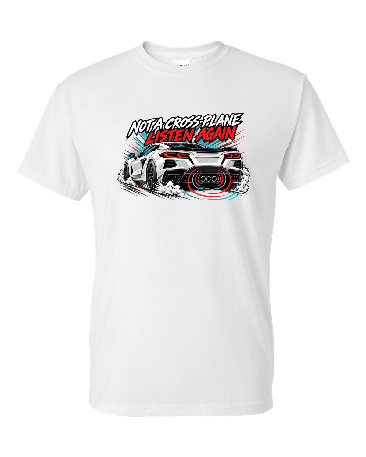 Badge crest design of a 2025 C8 Corvette ZR1 with large fender vents and rear wing white t-shirt front view with the design