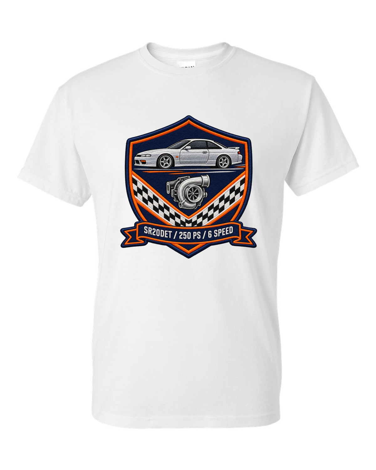 Embroidery-style shield crest print for the Nissan Silvia S15 with SR20DET 250 PS 6 speed lettering white t-shirt front view with the design