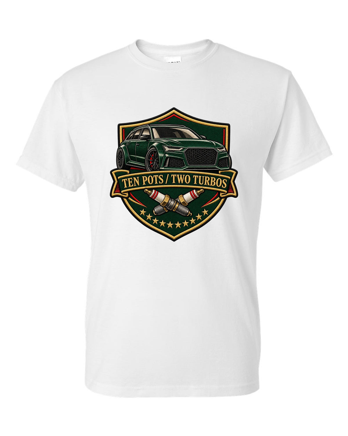 Varsity-style crest design of the Audi RS6 Avant C6 4F with ten pots two turbos lettering white t-shirt front view with the design