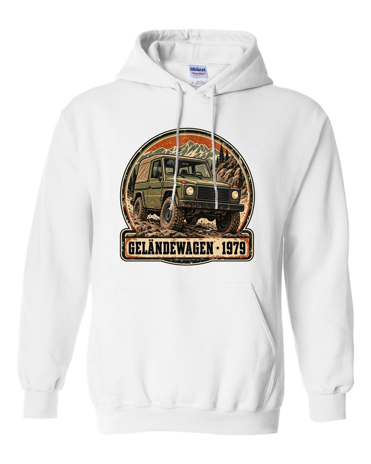 Flat minimal vector graphic of keys on a dish reading 12 MPG Worth It for a Mercedes G63 W464, print white pull over hoodie front view with the design