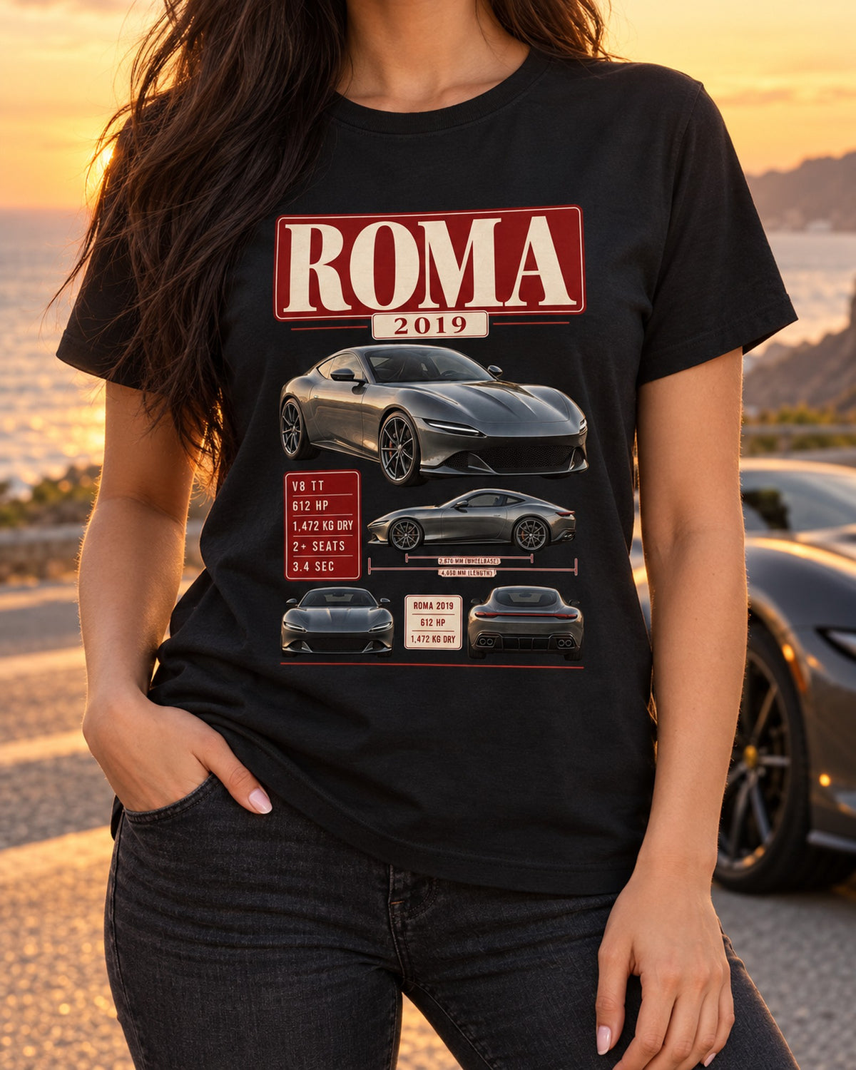 Ferrari Roma 2019 Archive Panel Shirt, 612 HP Car Tee T-Shirt Black worn hero