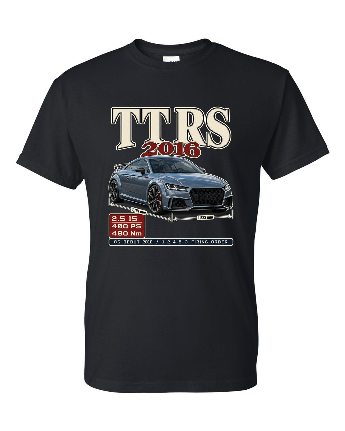 Audi TT RS 8S 2016 archive panel print with firing order black t-shirt front view with the design