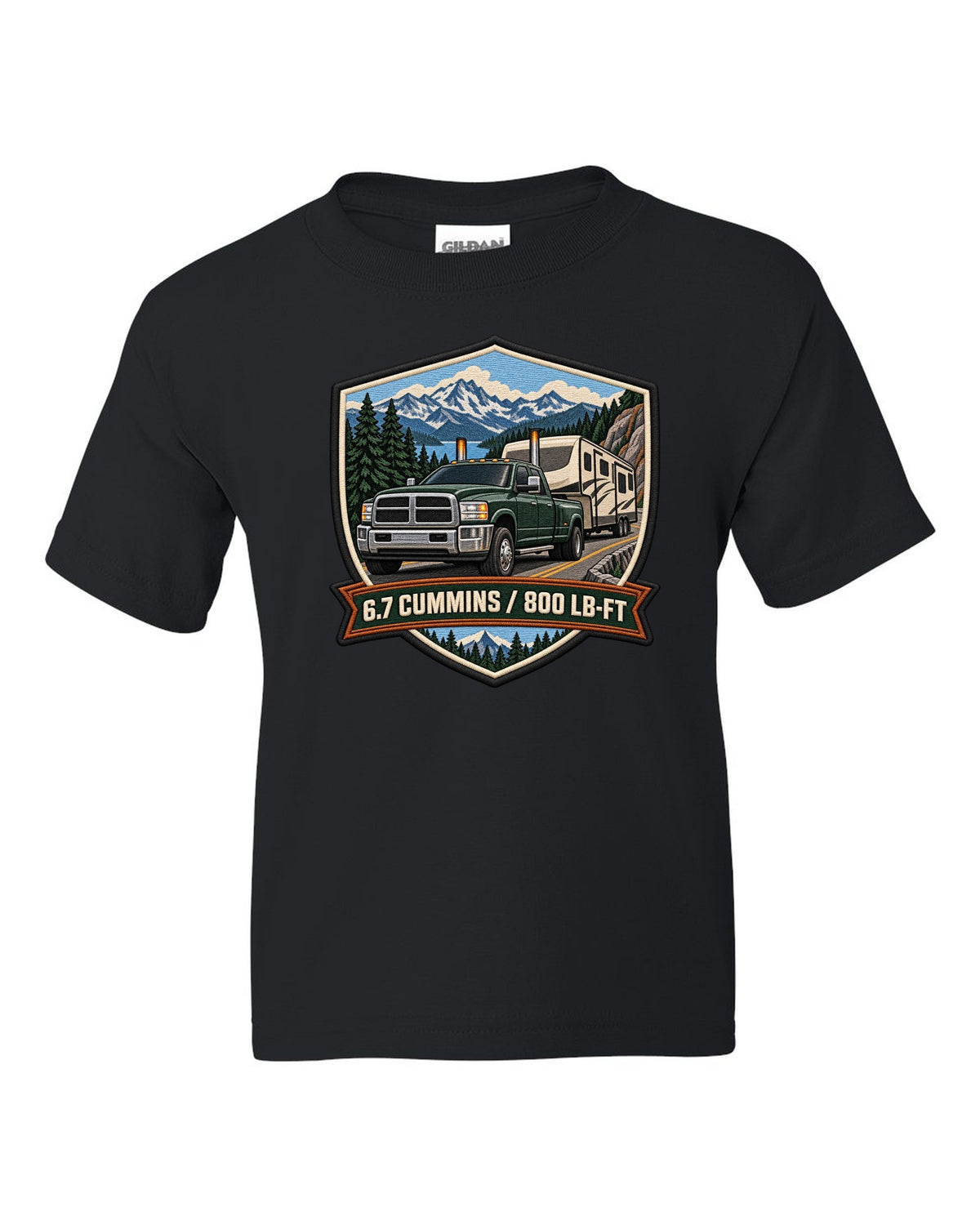 Varsity crest of a 2010-2018 Ram 2500 4th gen towing a camper with 6.7 Cummins 800 LB-FT lettering black kids tee front view with the design