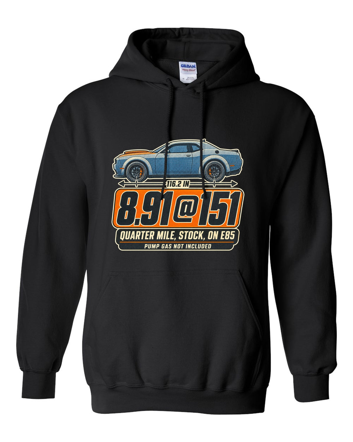 Dodge Challenger SRT Demon 170 halftone print with quarter mile time on E85 black pull over hoodie front view with the design