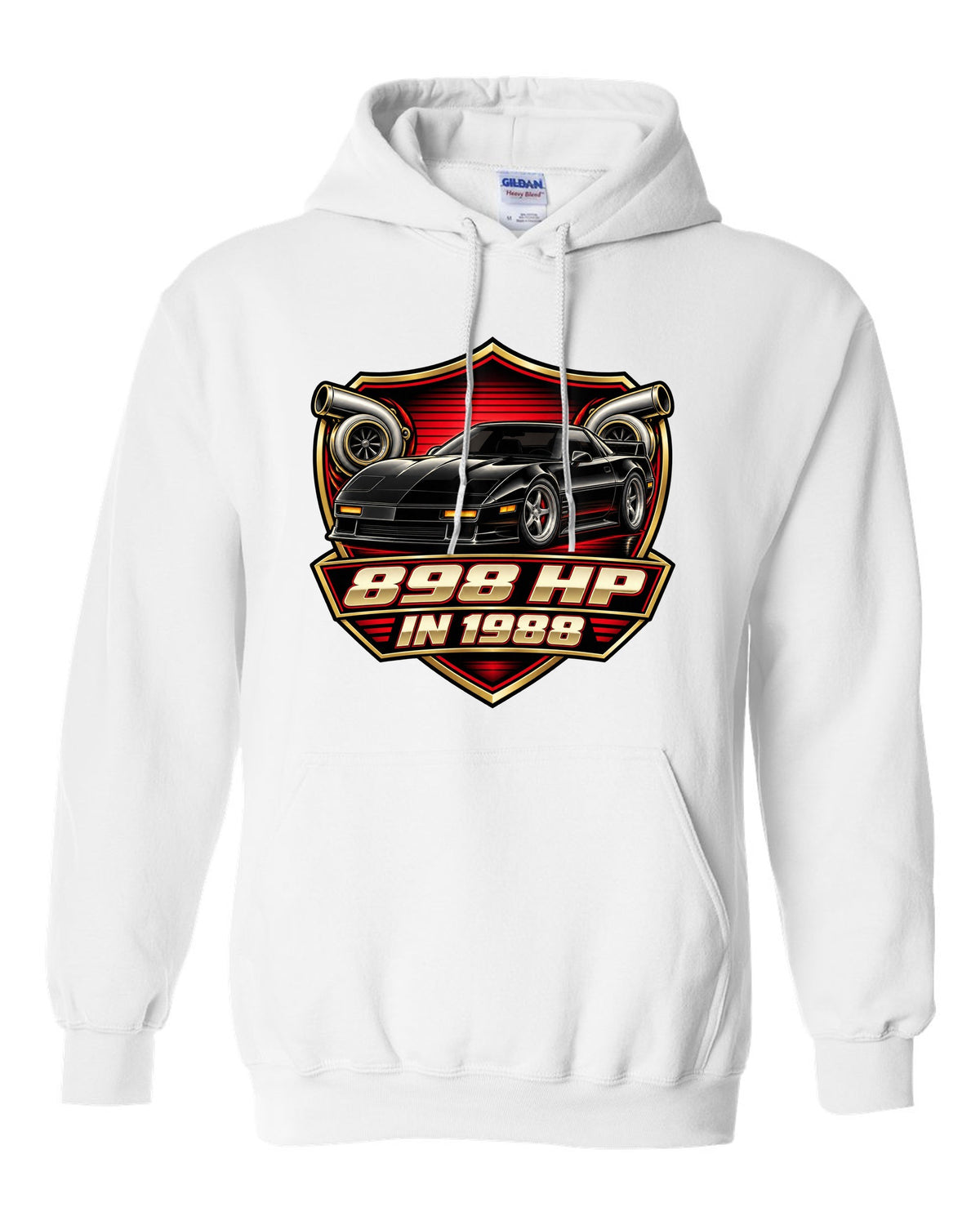 Badge crest design of a 2024 C8 hybrid AWD Corvette with 898 hp lettering white pull over hoodie front view with the design