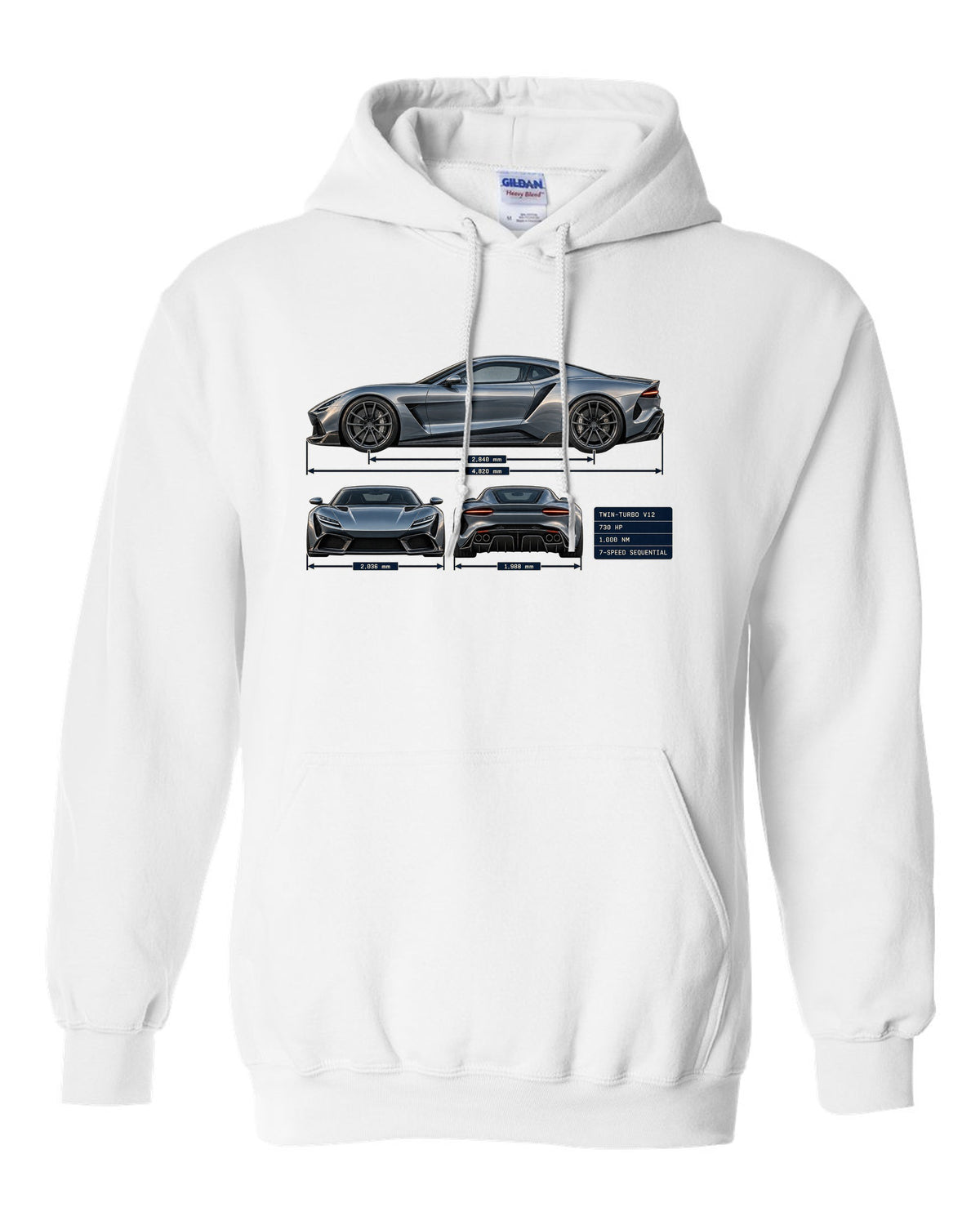 Three-view and spec table print of the Pagani Huayra coupe with 730 hp, 1,000 Nm, seven-speed sequential white pull over hoodie front view with the design