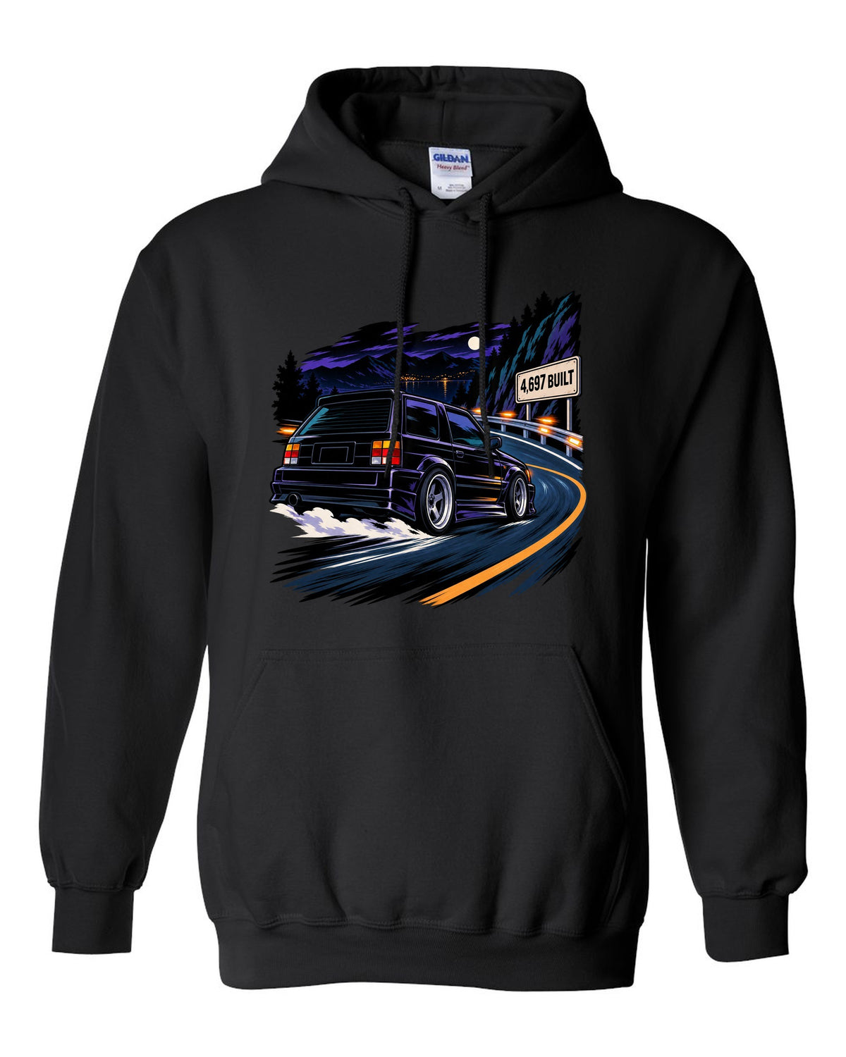 Cel-shaded 90s anime night touge scene with a 1992-93 GMC Typhoon and 4,697 BUILT text black pull over hoodie front view with the design