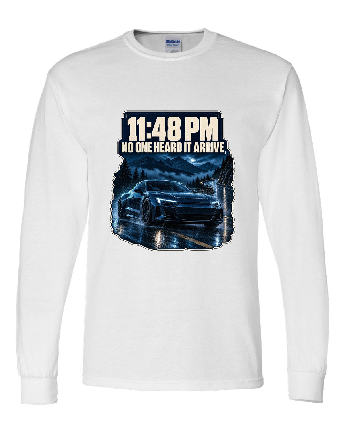 Audi RS e-tron GT on a wet night street blue monochrome print design white long sleeve front view with the design