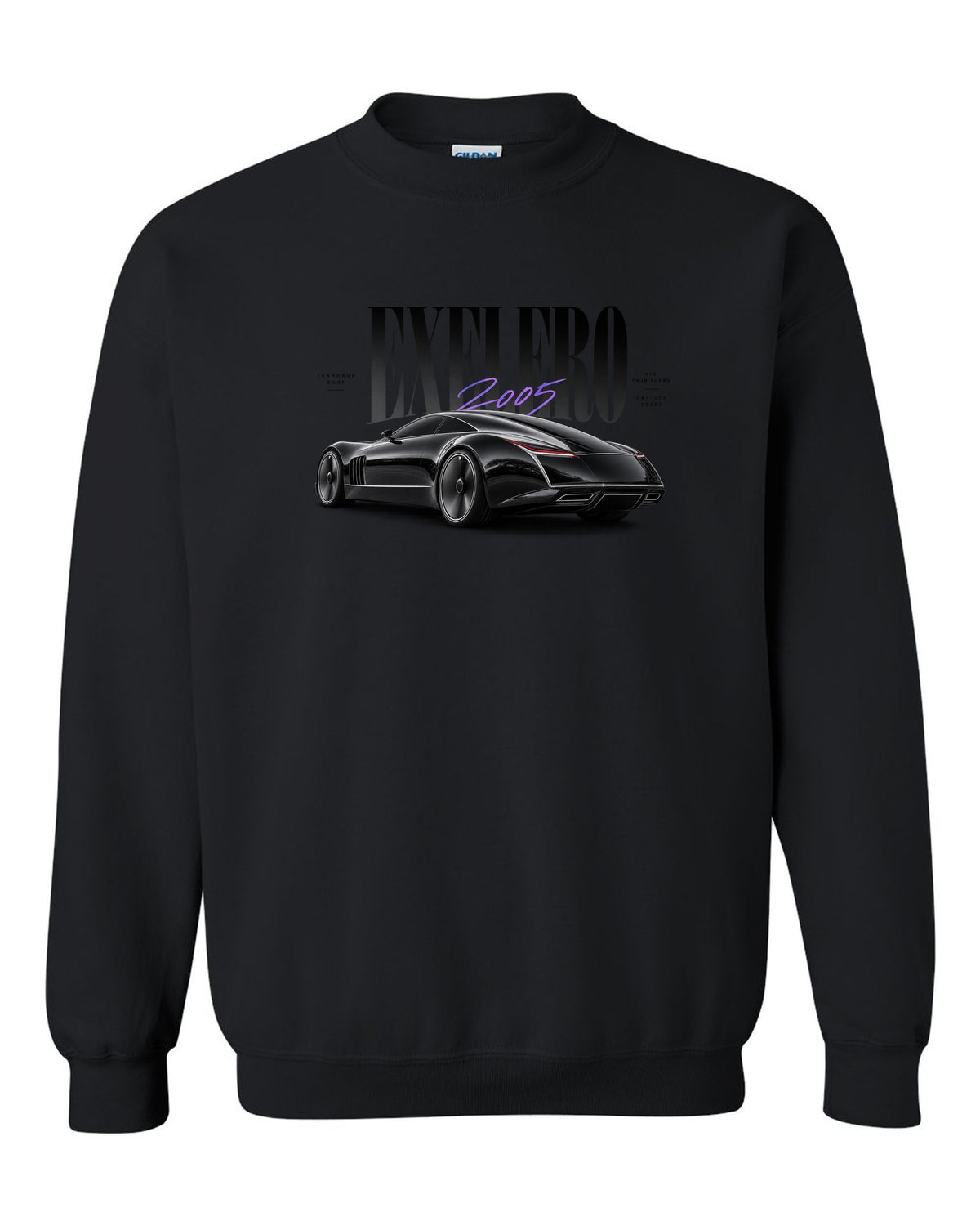 Editorial print of the Maybach Exelero one-off with Exelero 2005 Teardrop Roof lettering black crewneck front view with the design