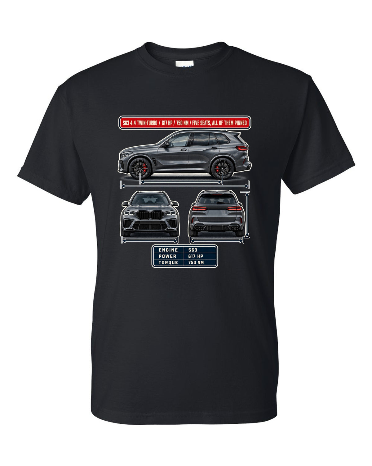 BMW X5 M Competition F95 three-view spec table print on a tee black t-shirt front view with the design