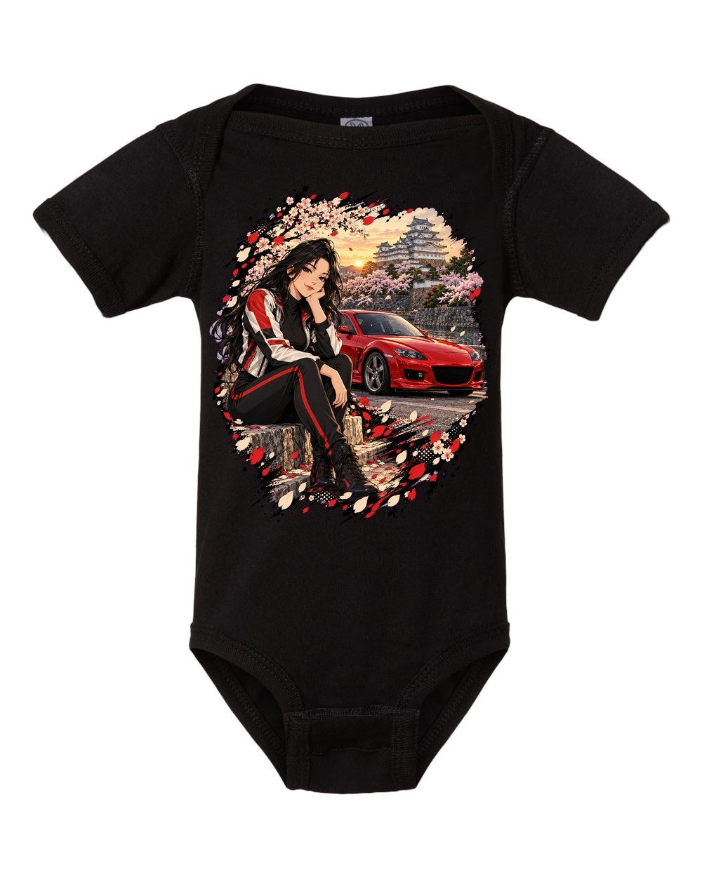 Mazda RX-8 Anime Girl Baby Onesie Black front
