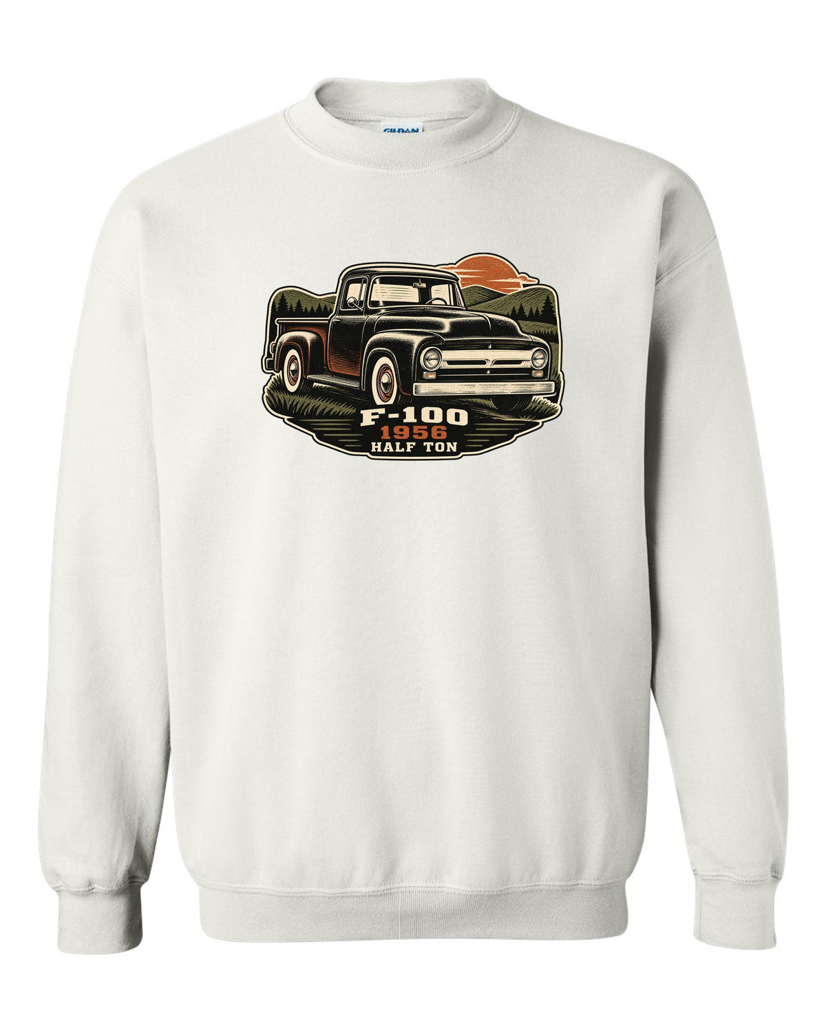 Dusk linocut print of a 1956 Ford F-100 pickup with Half Ton lettering white crewneck front view with the design