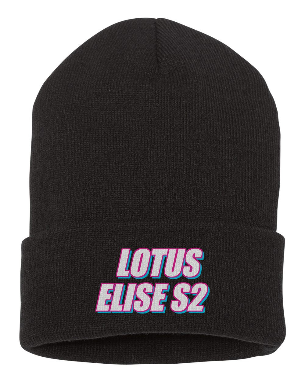 Lotus Elise S2 black beanie front view with car name
