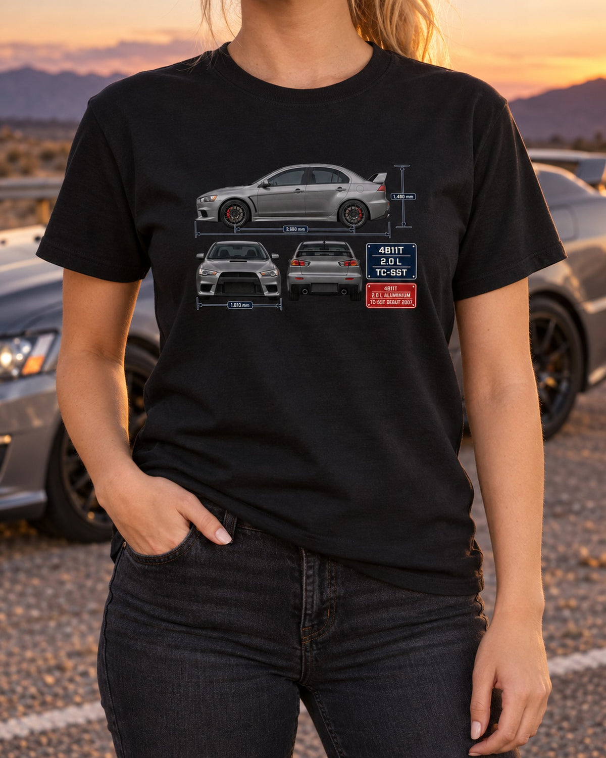 Evo X GSR Three-View Spec Table Tee, Mitsubishi Lancer T-Shirt Black worn hero