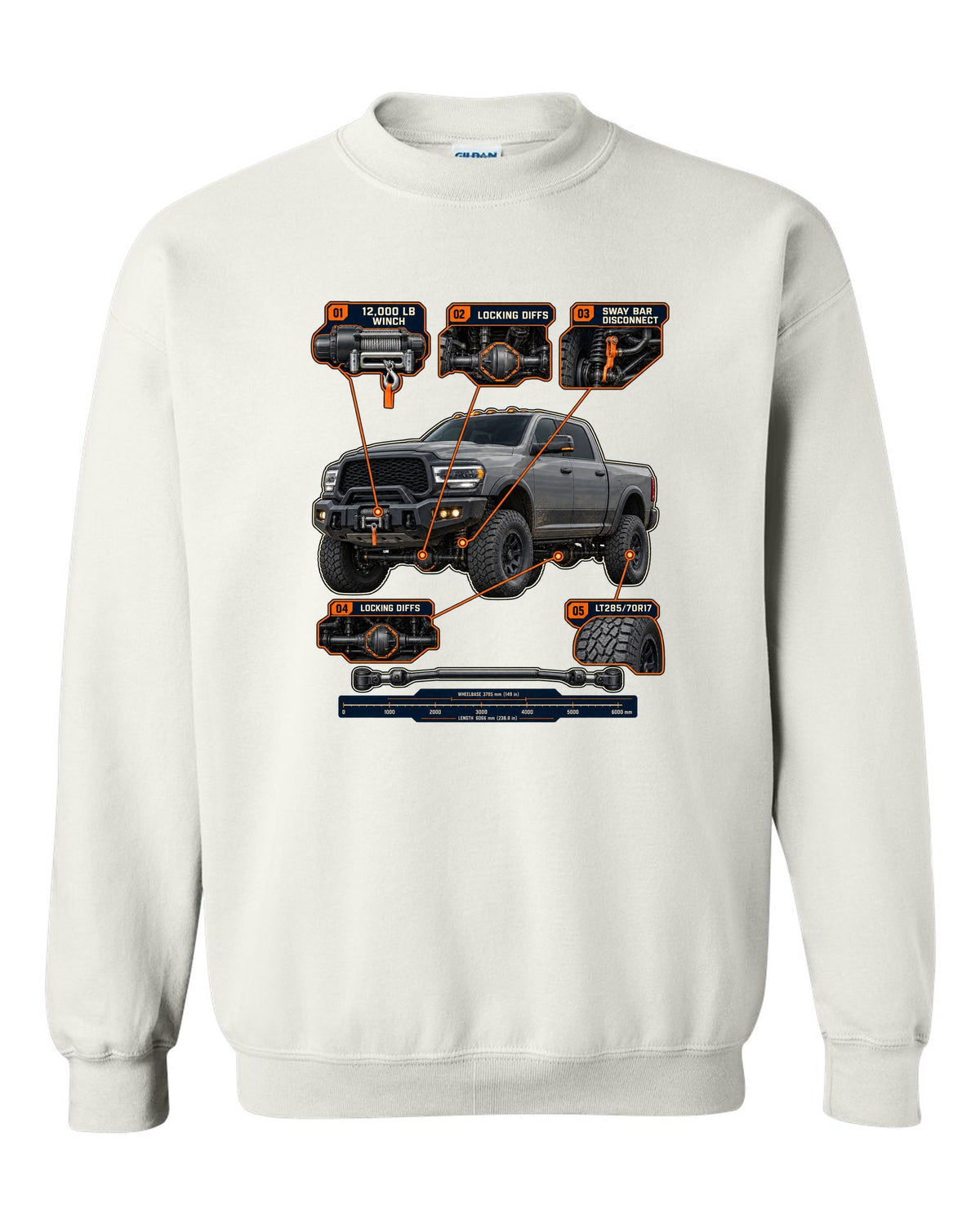 Ram 2500 Power Wagon callouts for winch, locking diffs and sway bar disconnect print white crewneck front view with the design