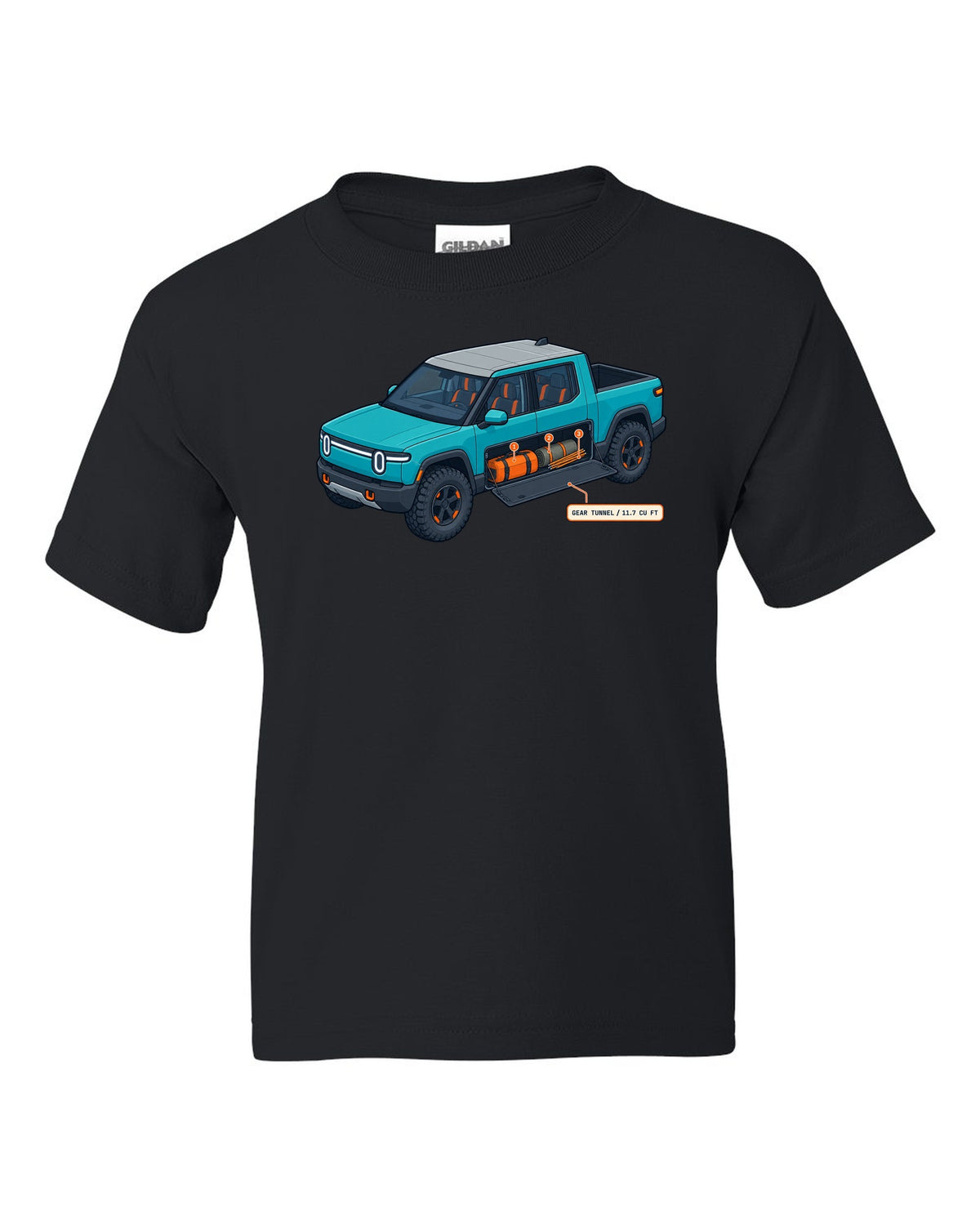 Isometric cutaway technical illustration print of a Rivian R1T reading Gear Tunnel 11.7 Cu Ft black kids tee front view with the design