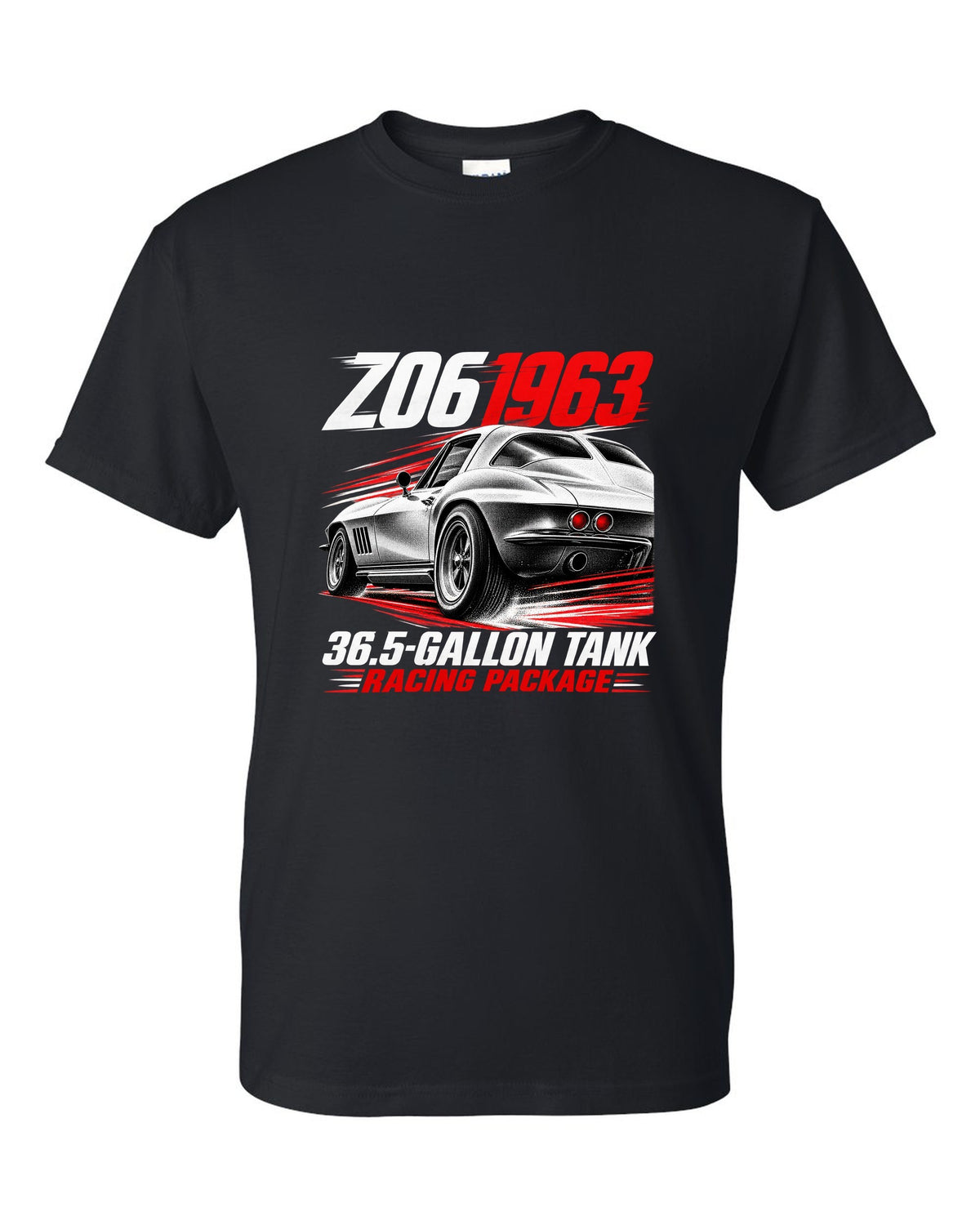 Corvette C2 Sting Ray 1963 Z06 racing package race poster black t-shirt front view with the design