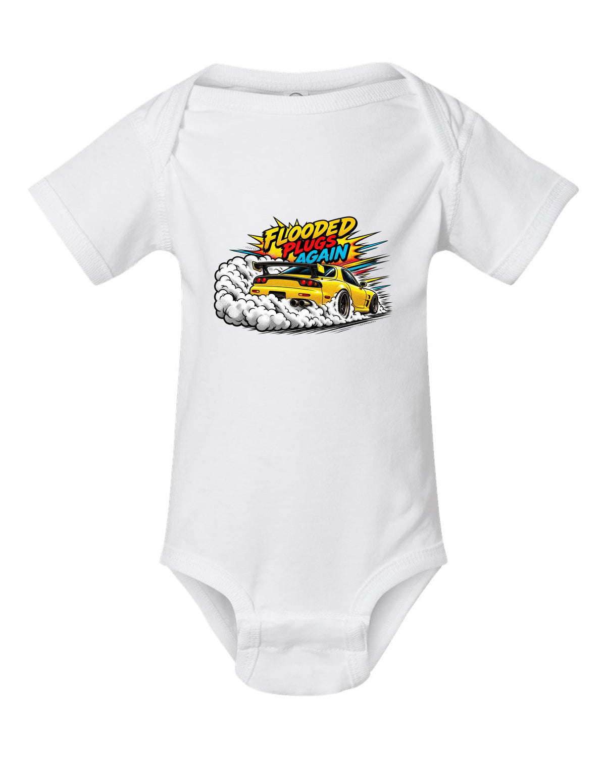 Comic halftone pop art print of a Mazda RX-7 FD3S with text Flooded, Plugs, Again white baby onesie front view with the design