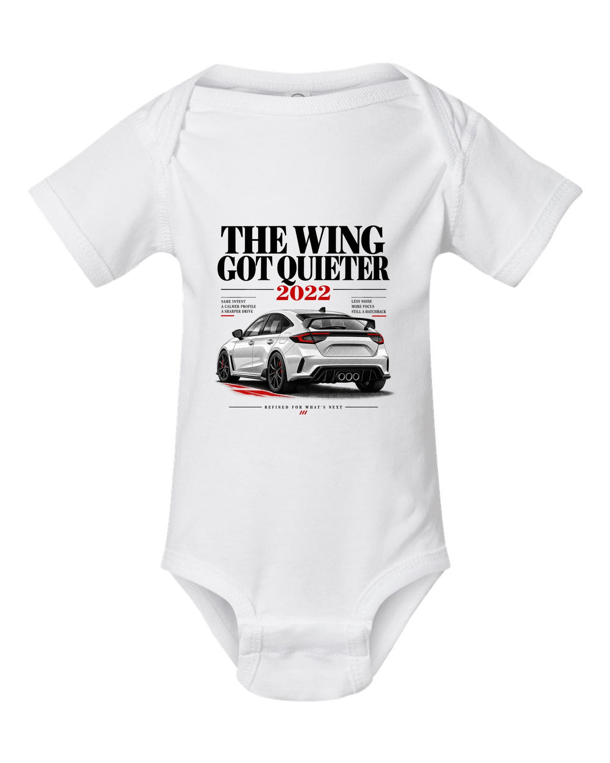 Honda Civic FL5 chback editorial headline design about the quieter rear wing white baby onesie front view with the design