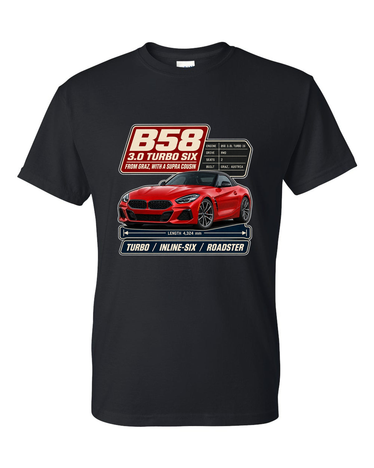 Spec poster print of the BMW Z4 M40i with B58 3.0 turbo six notes black t-shirt front view with the design