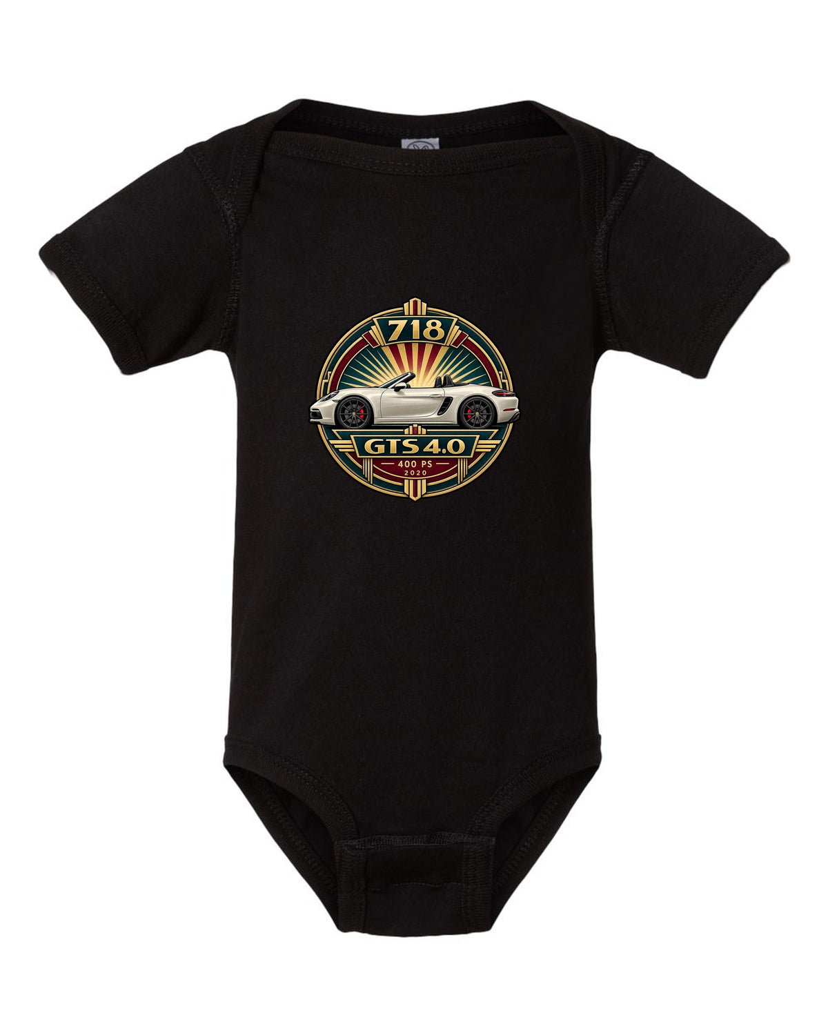 Art deco poster crest design for the Porsche 718 Boxster GTS 4.0 with 400 PS and 2020 lettering black baby onesie front view with the design