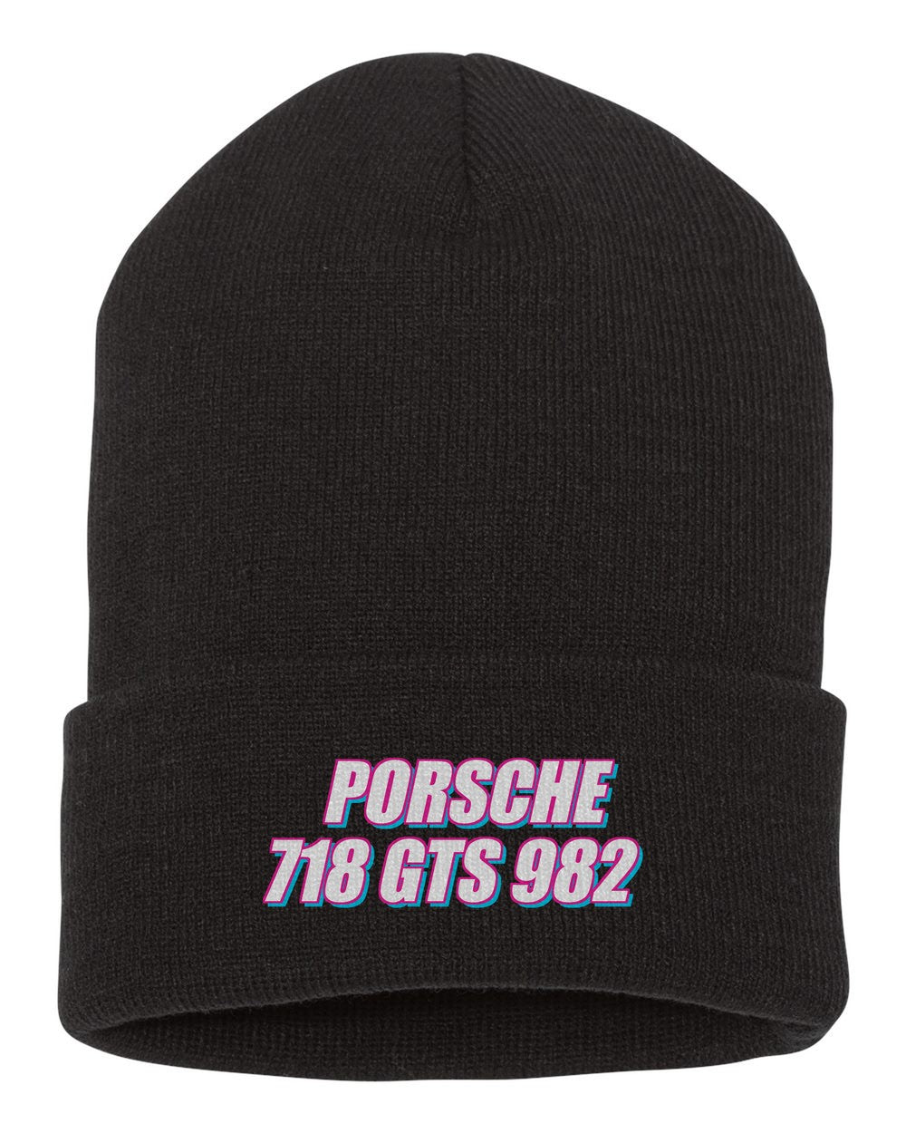 Porsche 718 Gts 982 black beanie front view with car name