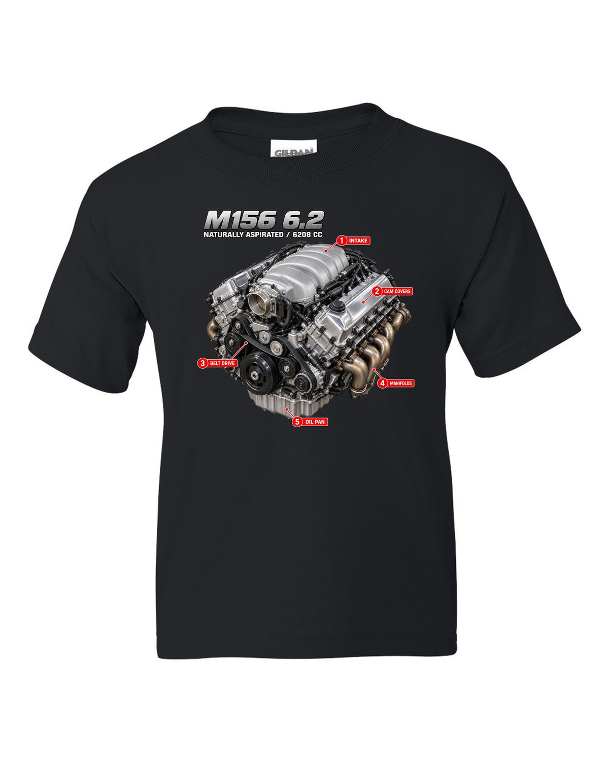print of the Mercedes W204 C63 M156 6.2 V8 engine with text naturally aspirated 6208 cc black kids tee front view with the design